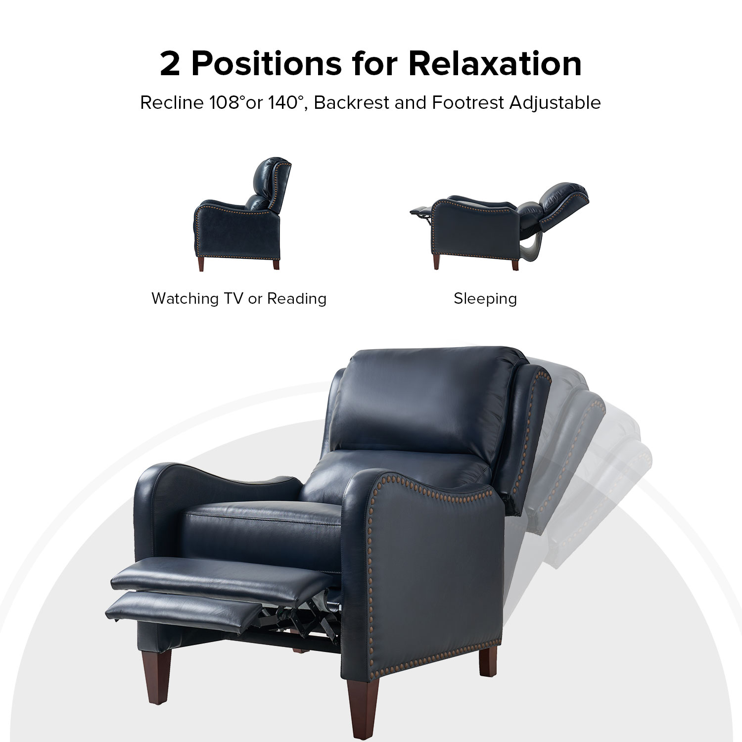 Hyde Navy Leather Mid-Century Modern Wingback Nailhead Trim Recliner 4 Hyde Navy Leather Mid-Century Modern Wingback Nailhead Trim Recliner - Image 4