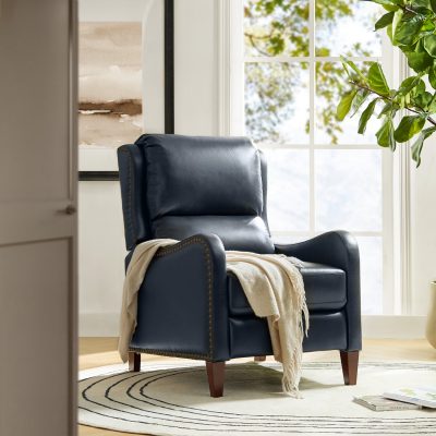 Hyde Navy Leather Mid-Century Modern Wingback Nailhead Trim Recliner