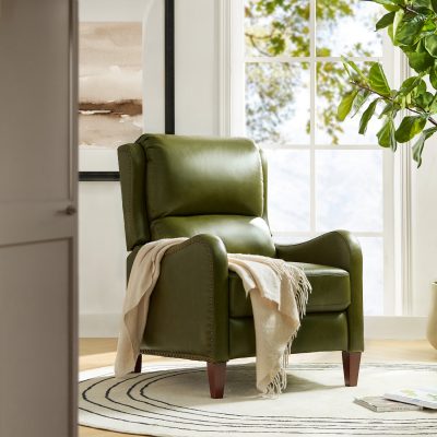 Hyde Olive Leather Mid-Century Modern Nailhead Trim Recliner