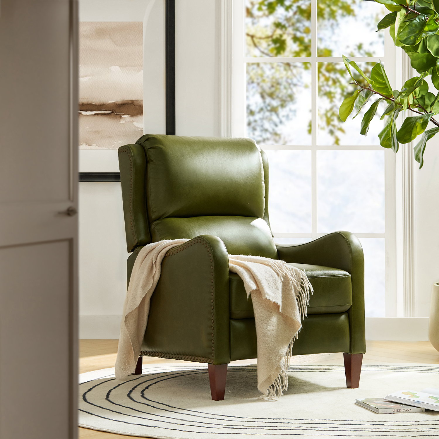 Hyde Olive Leather Mid-Century Modern Nailhead Trim Recliner 1 Hyde Olive Leather Mid-Century Modern Nailhead Trim Recliner