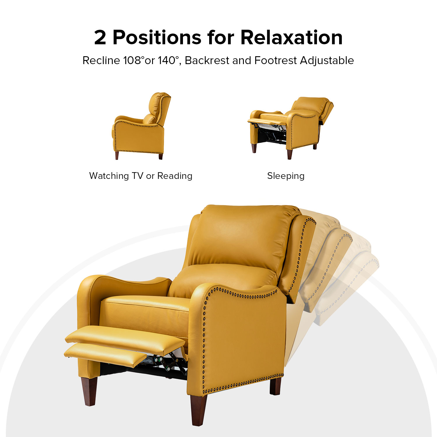 Hyde Yellow Leather Mid-Century Modern Nailhead Trim Recliner 4 Hyde Yellow Leather Mid-Century Modern Nailhead Trim Recliner - Image 4