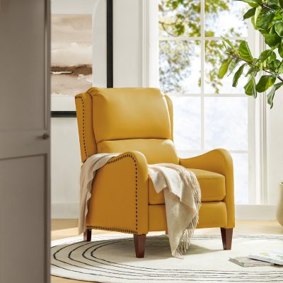 Hyde Yellow Leather Mid-Century Modern Nailhead Trim Recliner