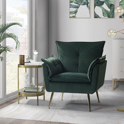 Ilia Green Velvet Tufted Accent Armchair with Golden Legs