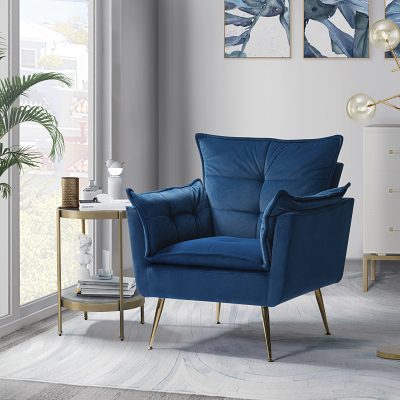 Ilia Navy Velvet Tufted Accent Armchair with Golden Legs