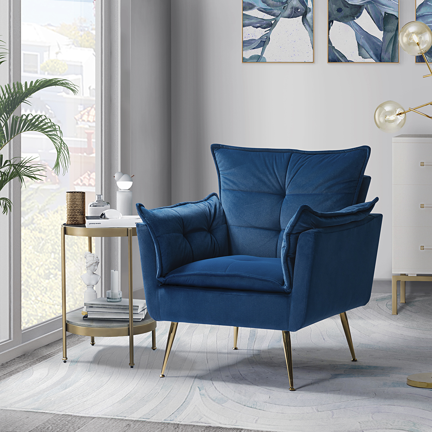 Ilia Navy Velvet Tufted Accent Armchair with Golden Legs 1 Ilia Navy Velvet Tufted Accent Armchair with Golden Legs