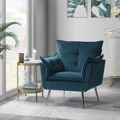 Ilia Teal Velvet Tufted Accent Armchair Golden Legs
