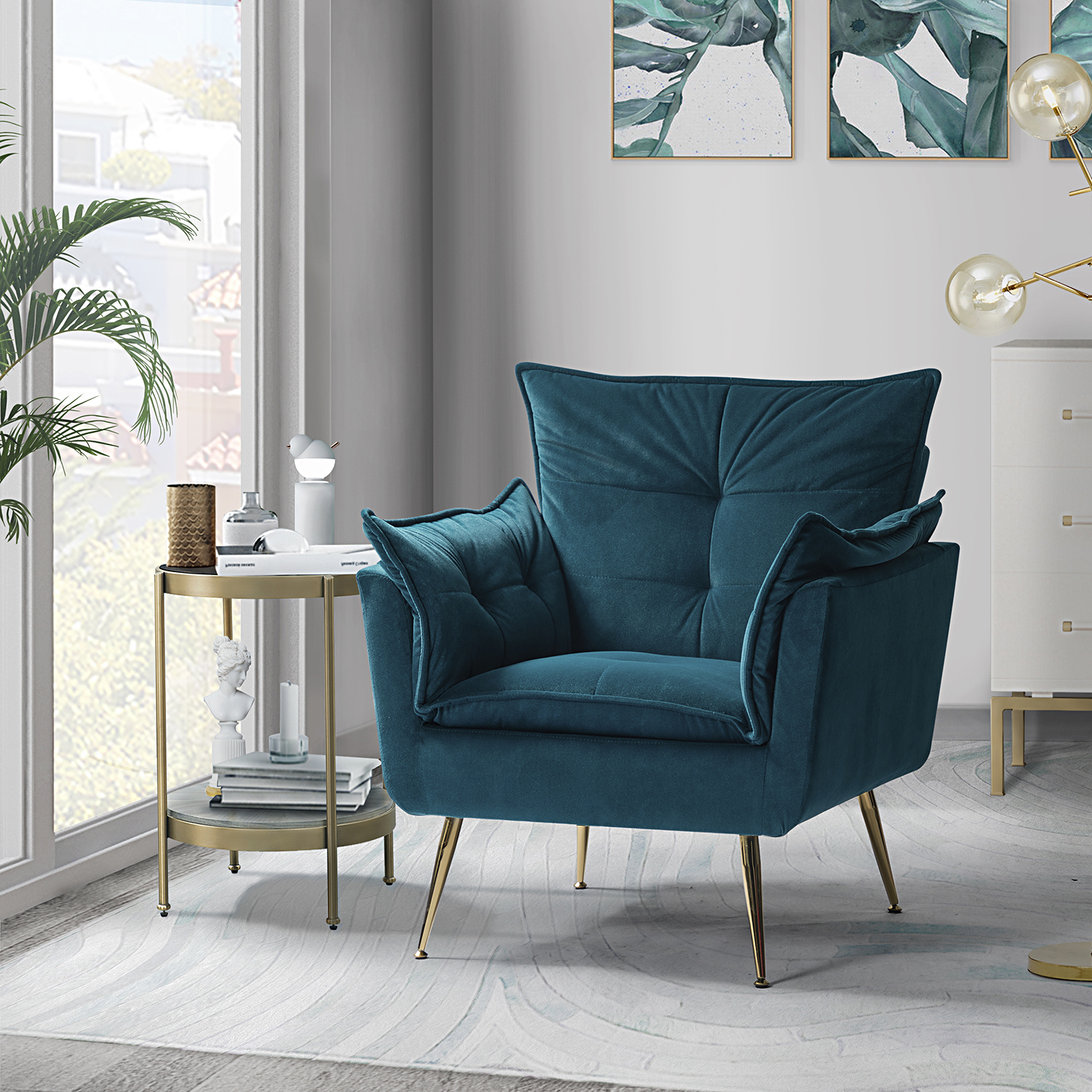 Ilia Teal Velvet Tufted Accent Armchair Golden Legs 1 Ilia Teal Velvet Tufted Accent Armchair Golden Legs