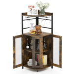 Industrial Corner Bar Cabinet with Adjustable Shelf and Glass Holder