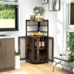 Industrial Corner Bar Cabinet with Adjustable Shelf and Glass Holder