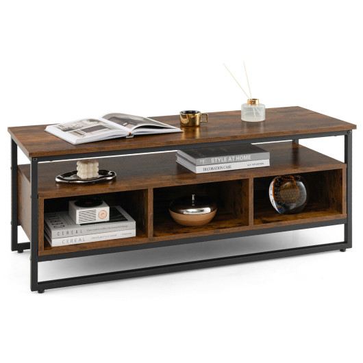 Rustic Industrial Coffee Table with Shelf and 3 Storage Cubbies 3 Rustic Industrial Coffee Table with Shelf and 3 Storage Cubbies - Image 3