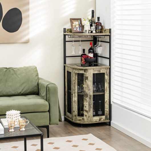 Industrial Corner Bar Cabinet with Adjustable Shelf and Glass Holder - Image 2