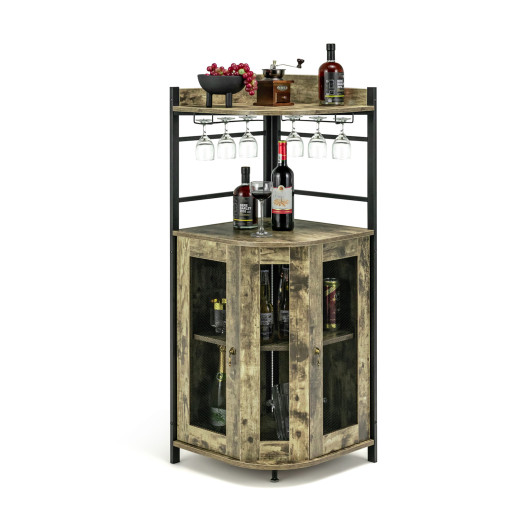 Industrial Corner Bar Cabinet with Adjustable Shelf and Glass Holder - Image 3