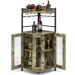 Industrial Corner Bar Cabinet with Adjustable Shelf and Glass Holder