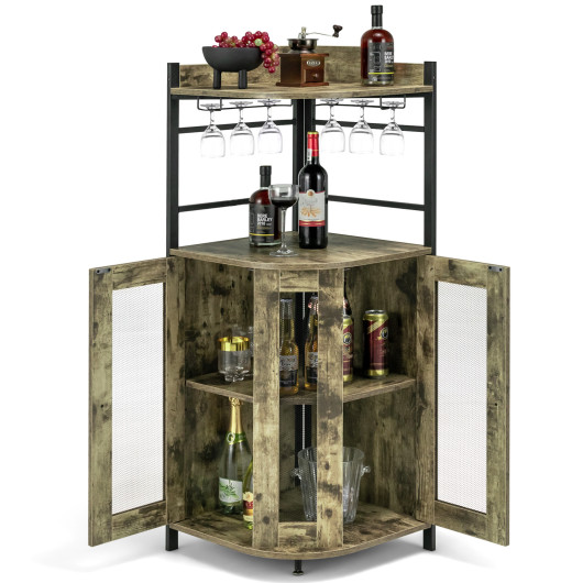 Industrial Corner Bar Cabinet with Adjustable Shelf and Glass Holder - Image 4
