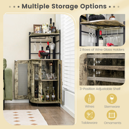 Industrial Corner Bar Cabinet with Adjustable Shelf and Glass Holder - Image 6