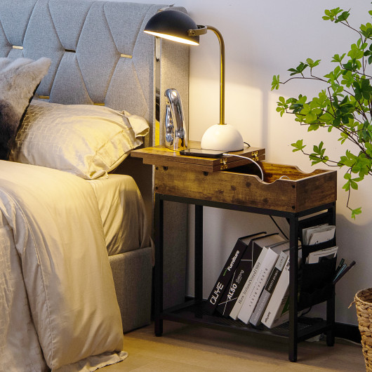 Rustic Brown Industrial Side Table with Charging Station and Storage 2 Rustic Brown Industrial Side Table with Charging Station and Storage - Image 2