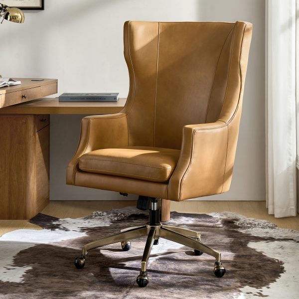 Ivo Leather Wingback Swivel Office Chair Adjustable Height Camel 1