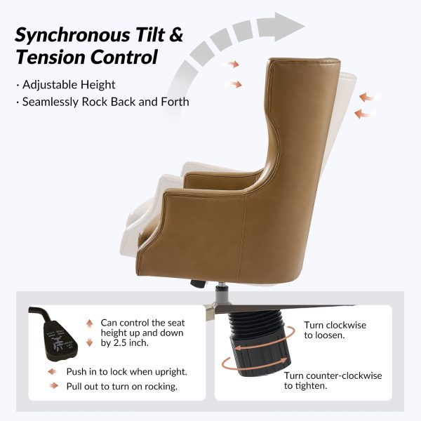 Ivo Leather Wingback Swivel Office Chair Adjustable Height Camel 3