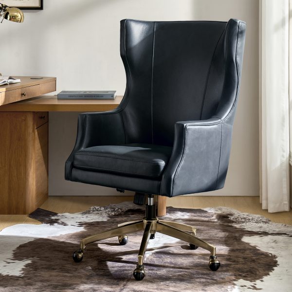 Ivo Navy Leather Wingback Swivel Adjustable Height Office Chair 1