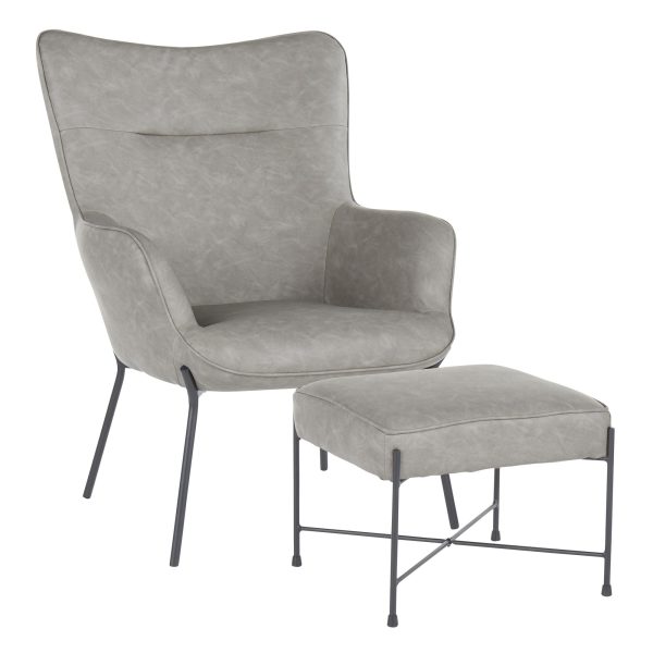 Izzy Black Metal Grey Faux Leather Contemporary Lounge Chair Ottoman 2