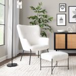 Izzy Black Metal White Sherpa Contemporary Lounge Chair and Ottoman