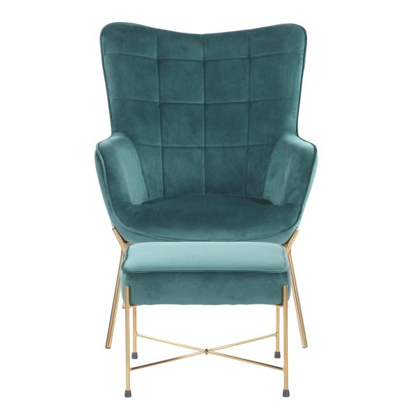 Izzy Green Velvet Gold Metal Contemporary Lounge Chair Ottoman 4