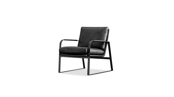 JAMESON Black Leather Lounge Chair Black Powder Coated Legs
