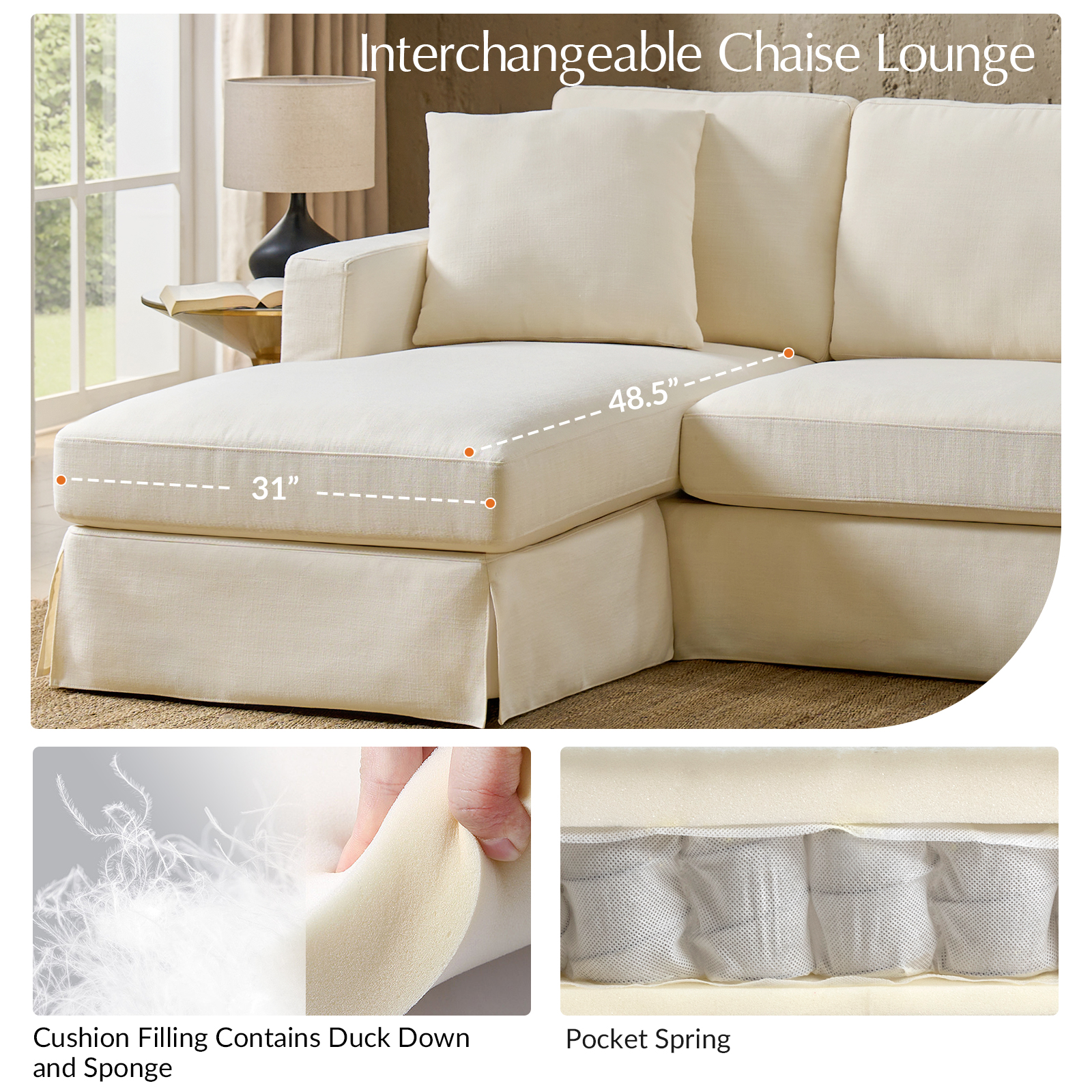 Jacindo Linen Reversible Chaise Farmhouse Slipcovered Sectional Sofa 4 Jacindo Linen Reversible Chaise Farmhouse Slipcovered Sectional Sofa - Image 4