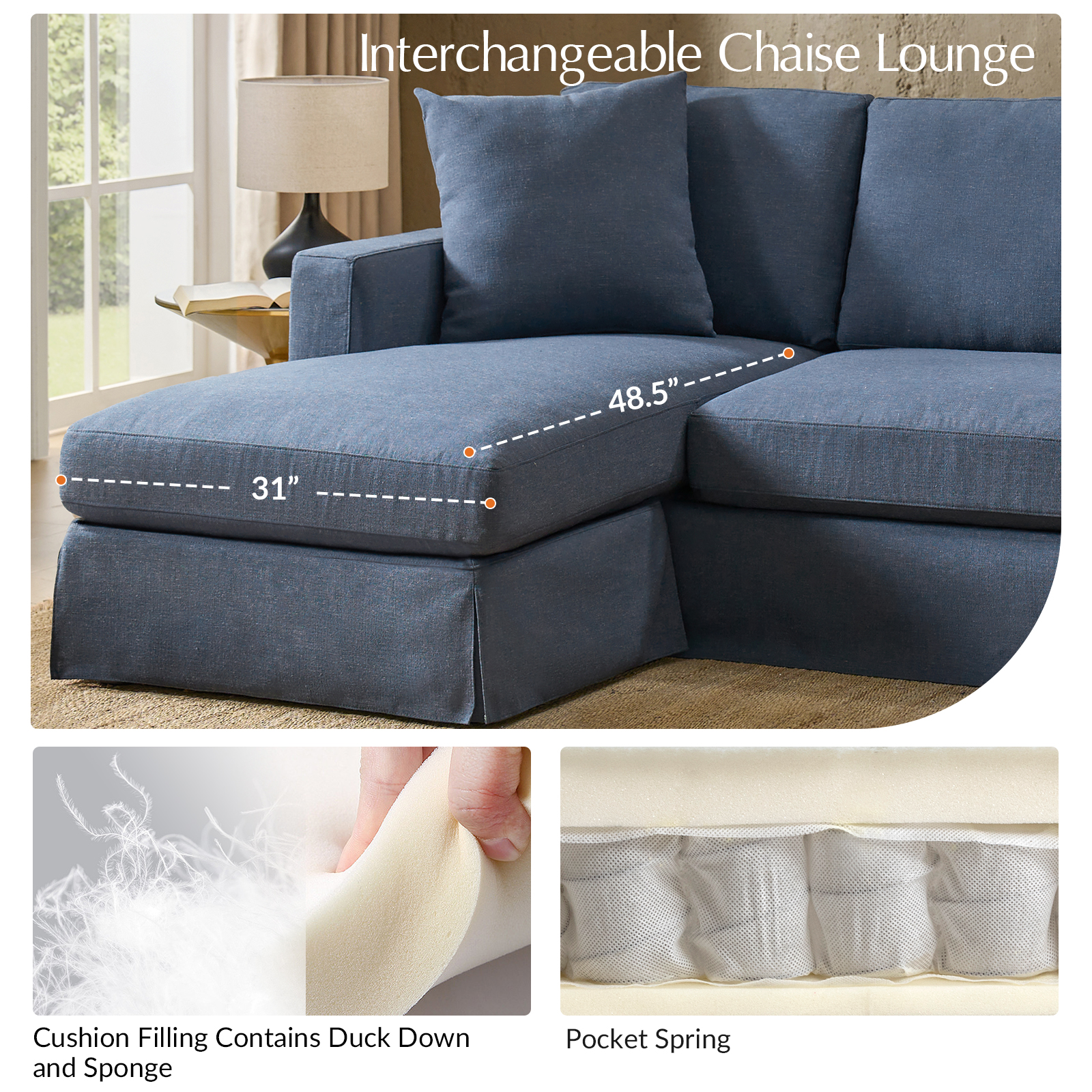 Jacindo Navy Farmhouse Reversible Chaise Slipcovered Sectional 4 Jacindo Navy Farmhouse Reversible Chaise Slipcovered Sectional - Image 4