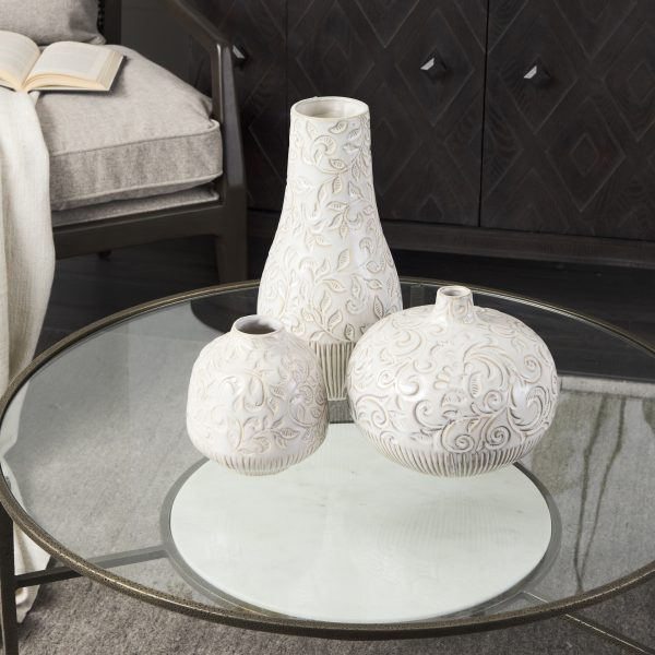 Jadiza II Medium White Glaze Floral Pattern Vase 3