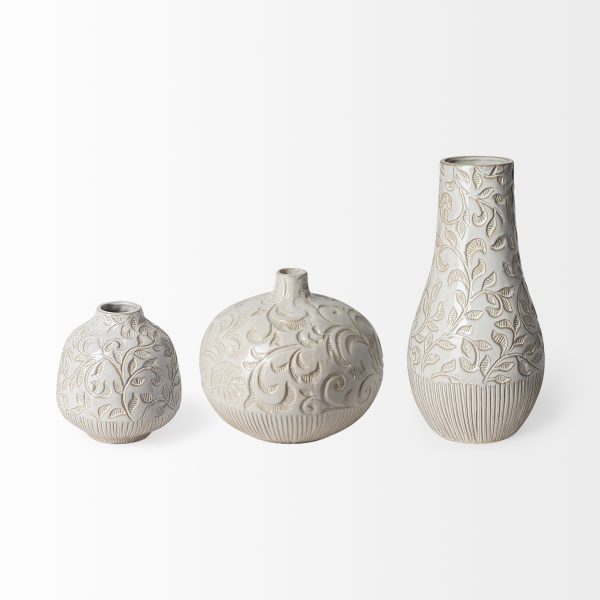 Jadiza II Medium White Glaze Floral Pattern Vase 4