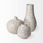 Jadiza II Medium White Glaze Floral Pattern Vase