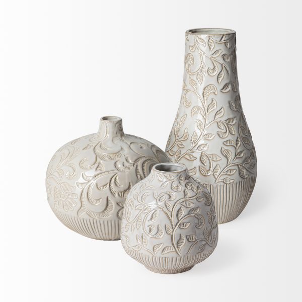Jadiza II Medium White Glaze Floral Pattern Vase 5
