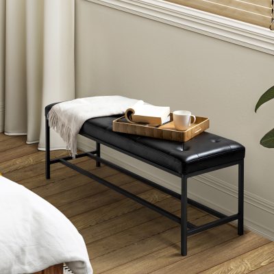 Jakob Black Vegan Leather Button-Tufted Storage Bench