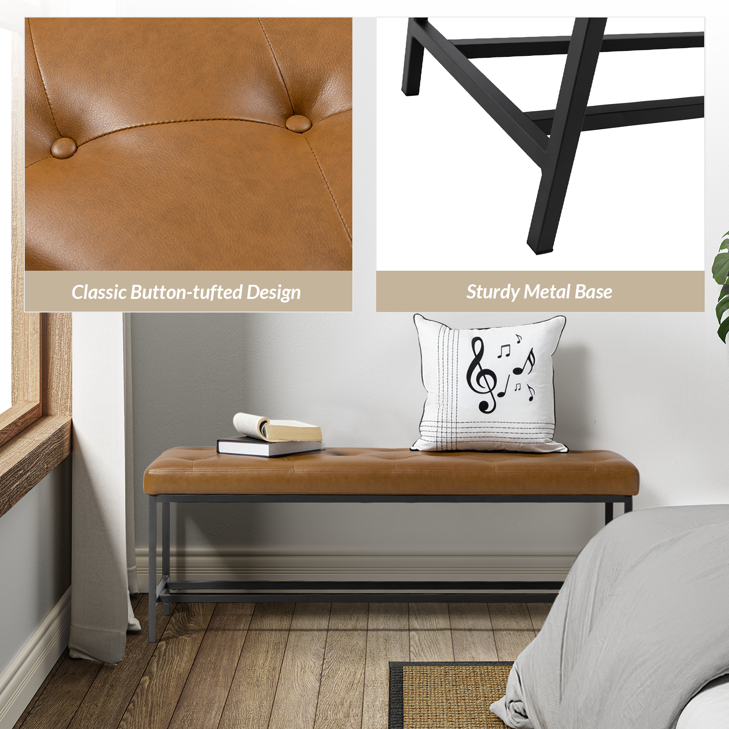 Jakob Camel Vegan Leather Button-Tufted Storage Bench 4 Jakob Camel Vegan Leather Button-Tufted Storage Bench - Image 4