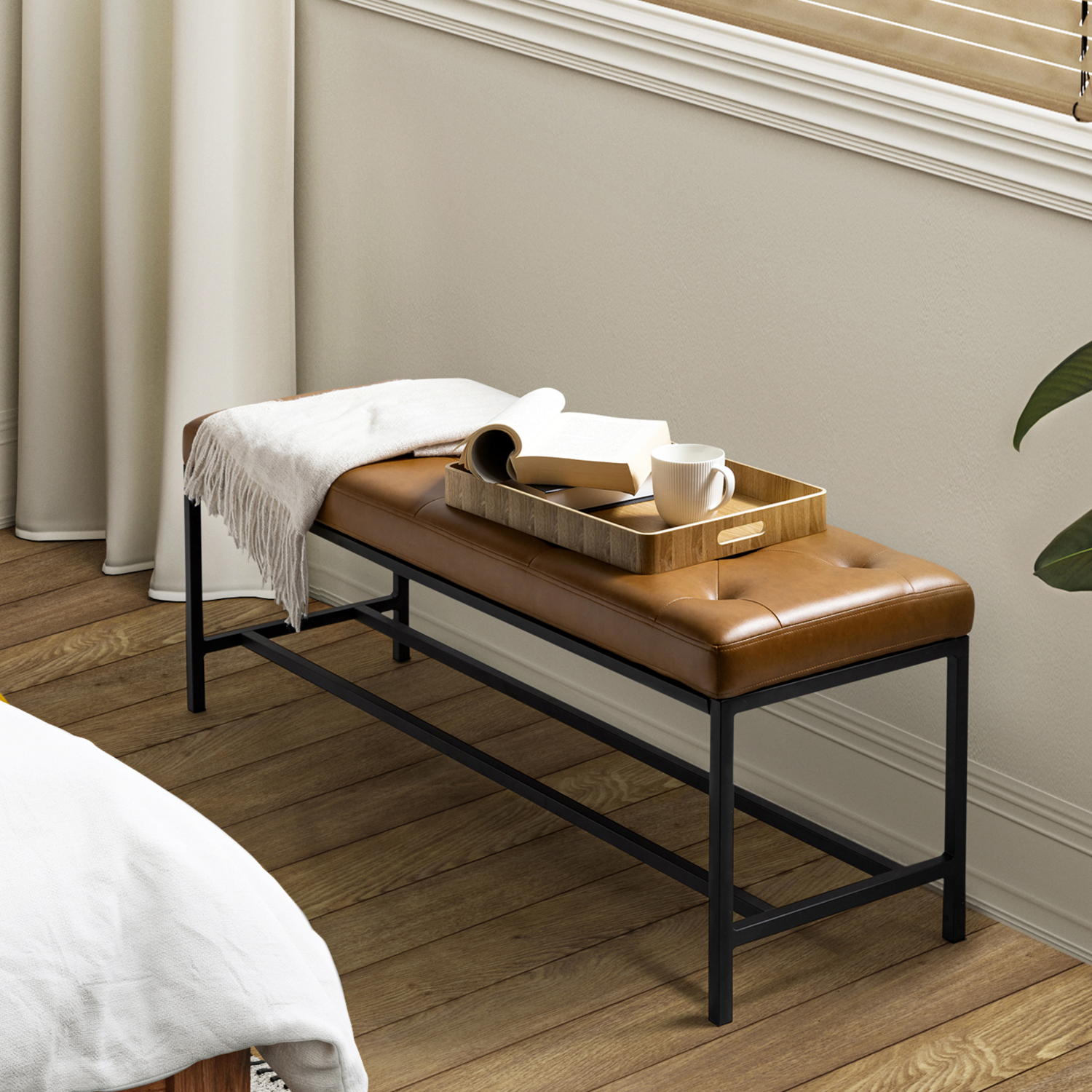 Jakob Camel Vegan Leather Button-Tufted Storage Bench 1 Jakob Camel Vegan Leather Button-Tufted Storage Bench