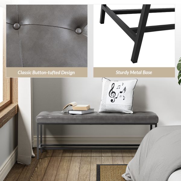 Jakob Grey Vegan Leather Button Tufted Storage Bench 3