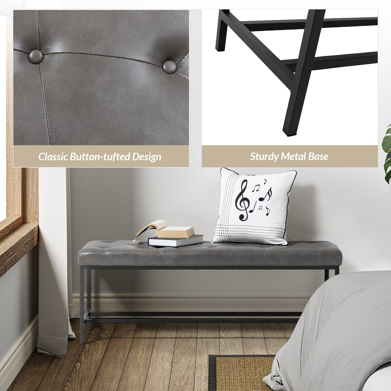 Jakob Grey Vegan Leather Button Tufted Storage Bench 4 Jakob Grey Vegan Leather Button Tufted Storage Bench - Image 4
