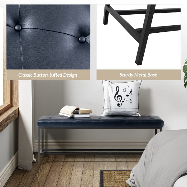 Jakob Navy Vegan Leather Button Tufted Storage Bench 3