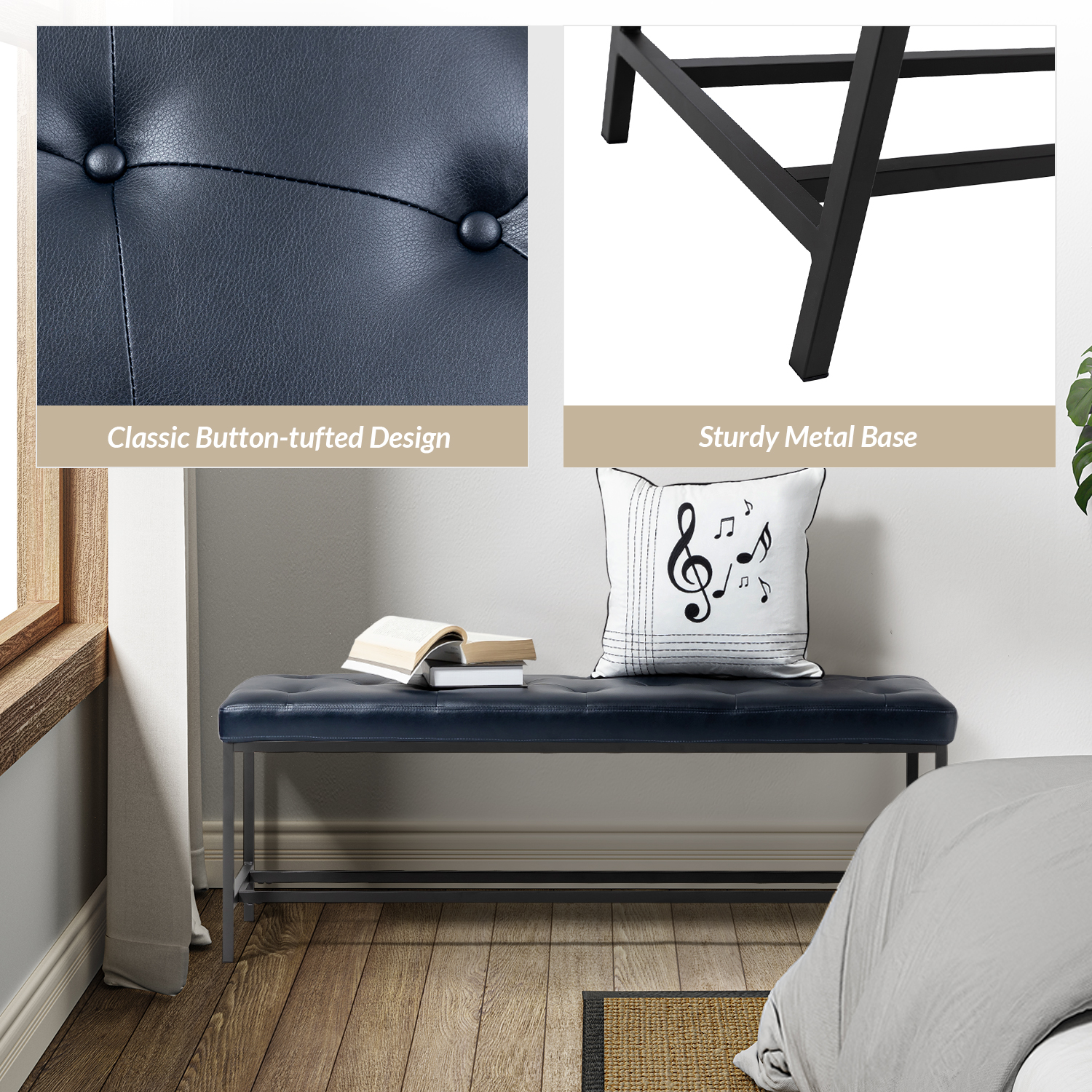 Jakob Navy Vegan Leather Button-Tufted Storage Bench 4 Jakob Navy Vegan Leather Button-Tufted Storage Bench - Image 4