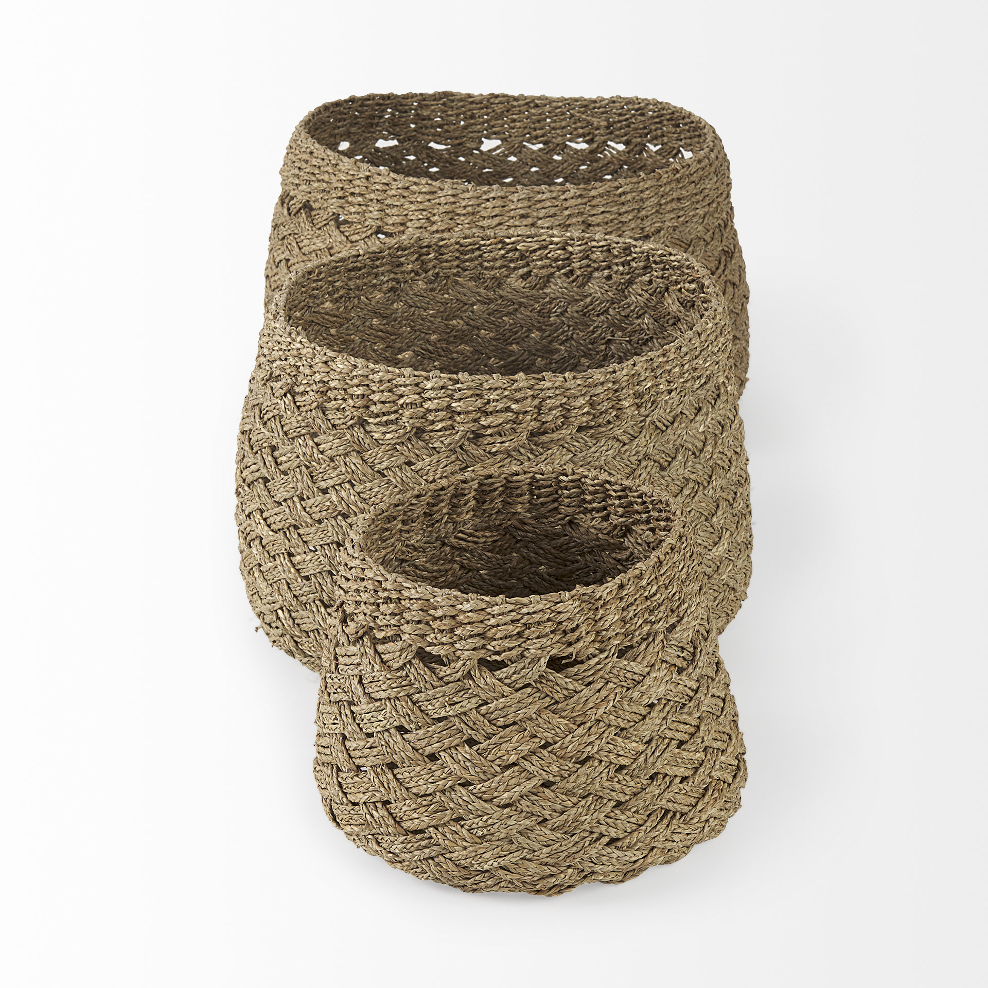 Jarek 15.0L x 15.0W x 11.8H (Set of 3) Medium Brown Seagrass Basket Cross Weave Round Basket 4 Jarek 15.0L x 15.0W x 11.8H (Set of 3) Medium Brown Seagrass Basket Cross Weave Round Basket - Image 4