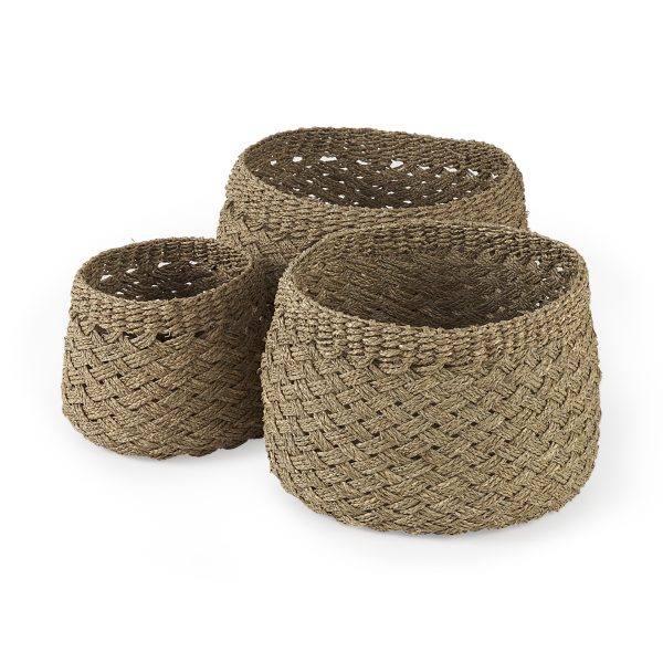 Jarek 15.0L x 15.0W x 11.8H Set of 3 Medium Brown Seagrass Basket Cross Weave Round Basket