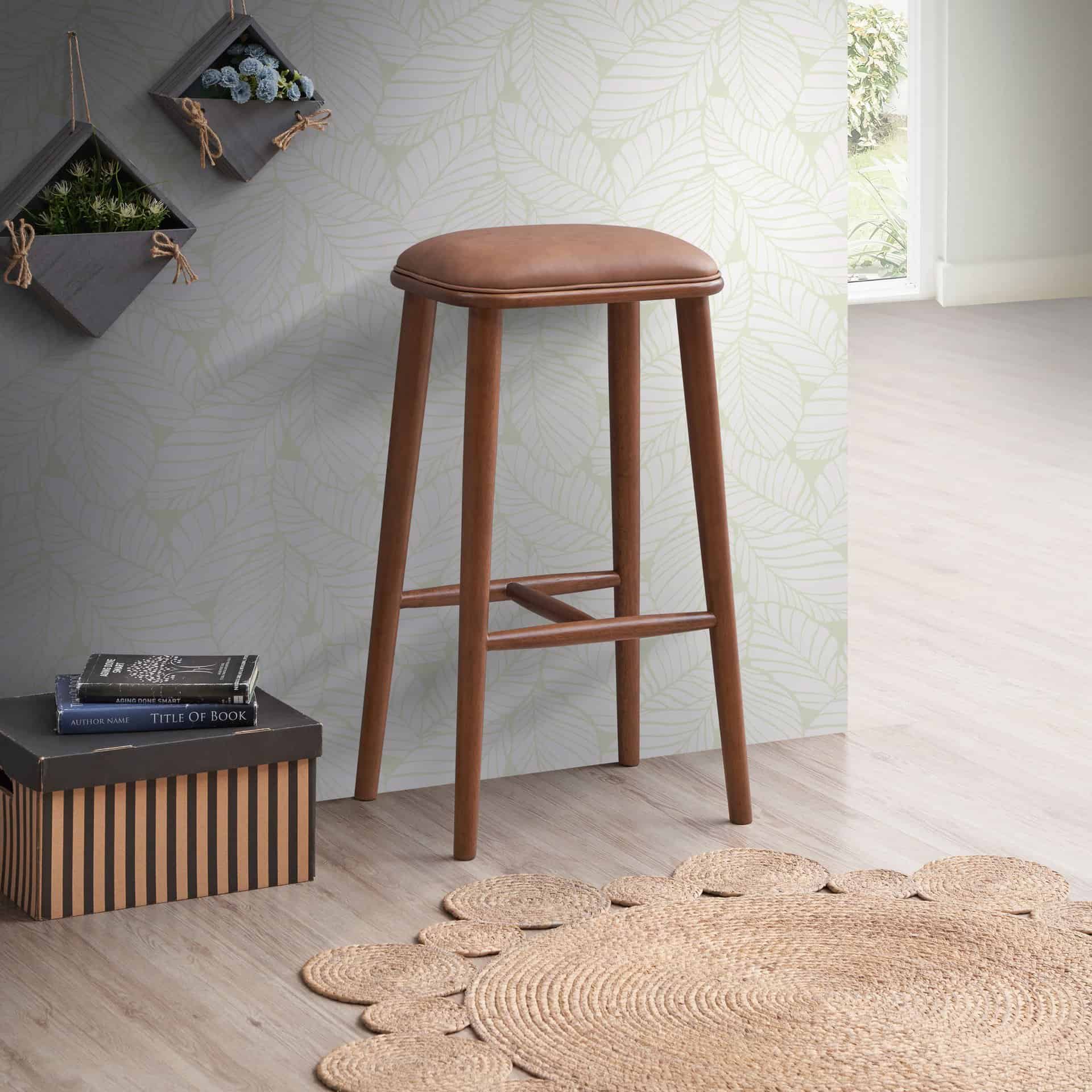 Tan Leather Backless Mid-Century Modern Bar Stool