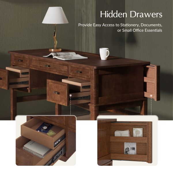 Jessy Walnut Transitional Desk with Hidden Drawers and Cable Hole 3