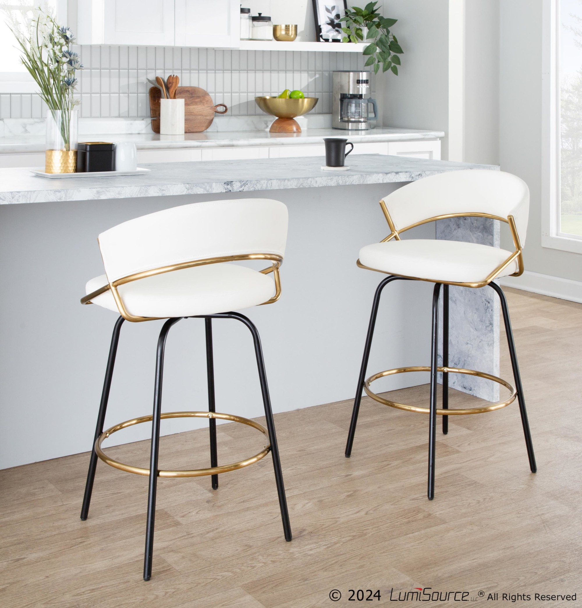 Jie 26 White Faux Leather Contemporary Swivel Stool (Set of 2) 3 Jie 26 White Faux Leather Contemporary Swivel Stool (Set of 2) - Image 3