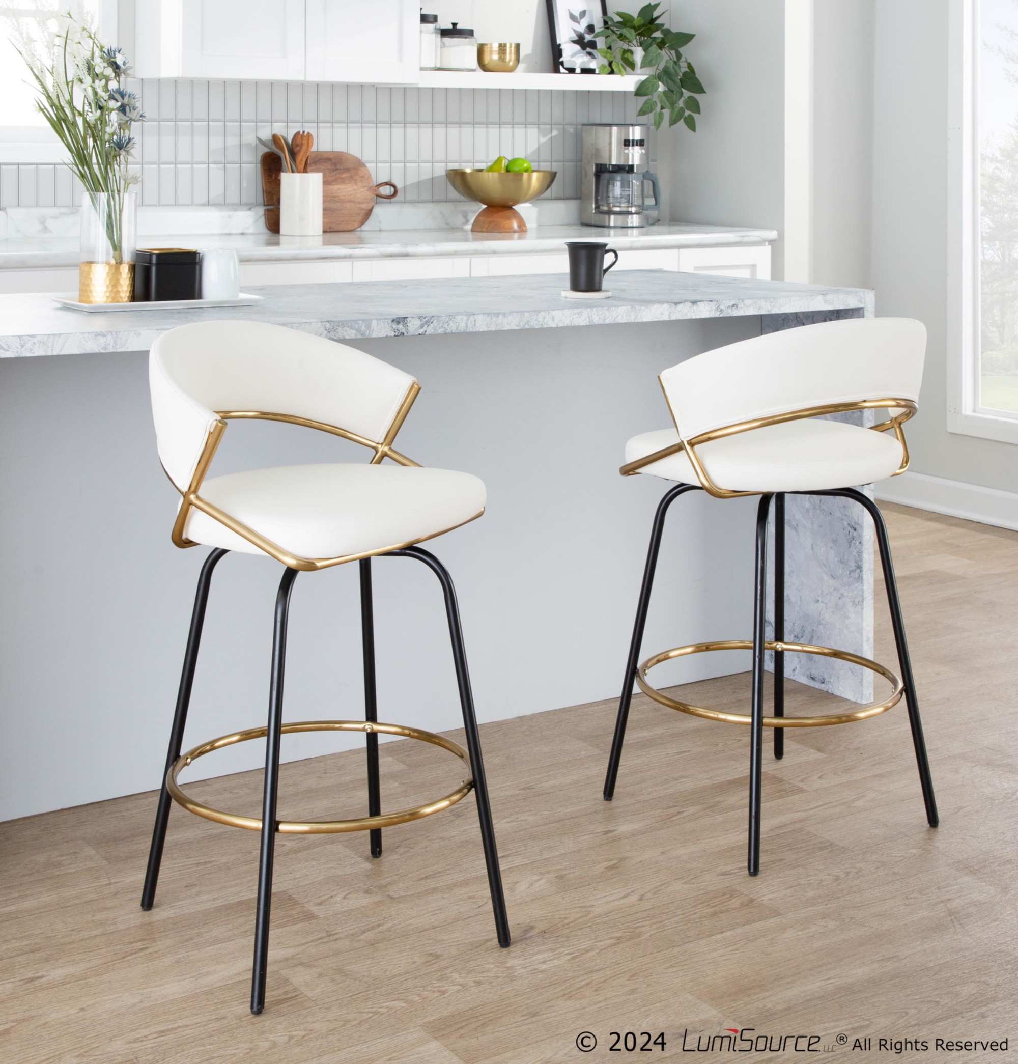 Jie 26 White Faux Leather Contemporary Swivel Stool (Set of 2) 4 Jie 26 White Faux Leather Contemporary Swivel Stool (Set of 2) - Image 4