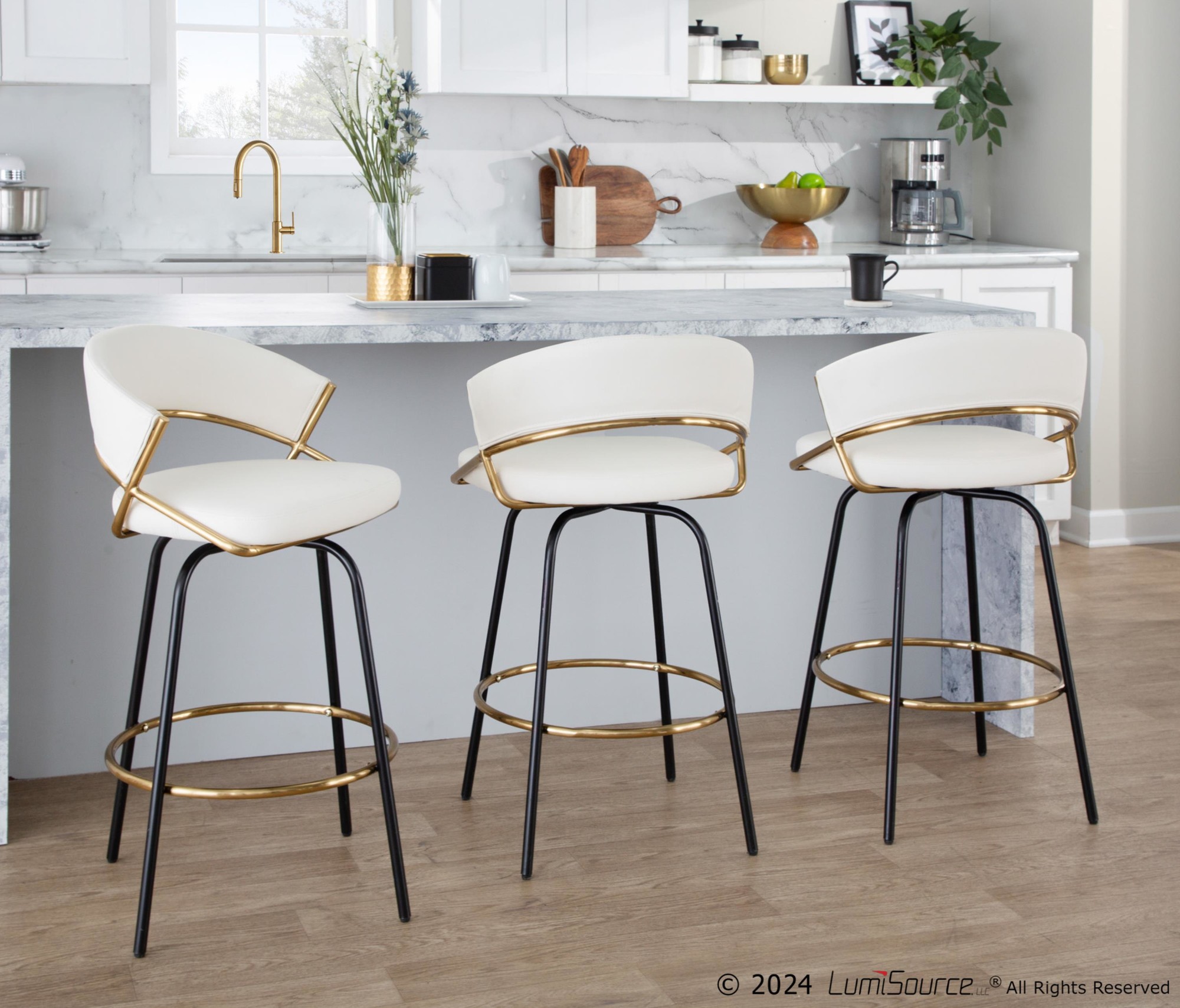 Jie 26 White Faux Leather Contemporary Swivel Stool (Set of 2) 1 Jie 26 White Faux Leather Contemporary Swivel Stool (Set of 2)