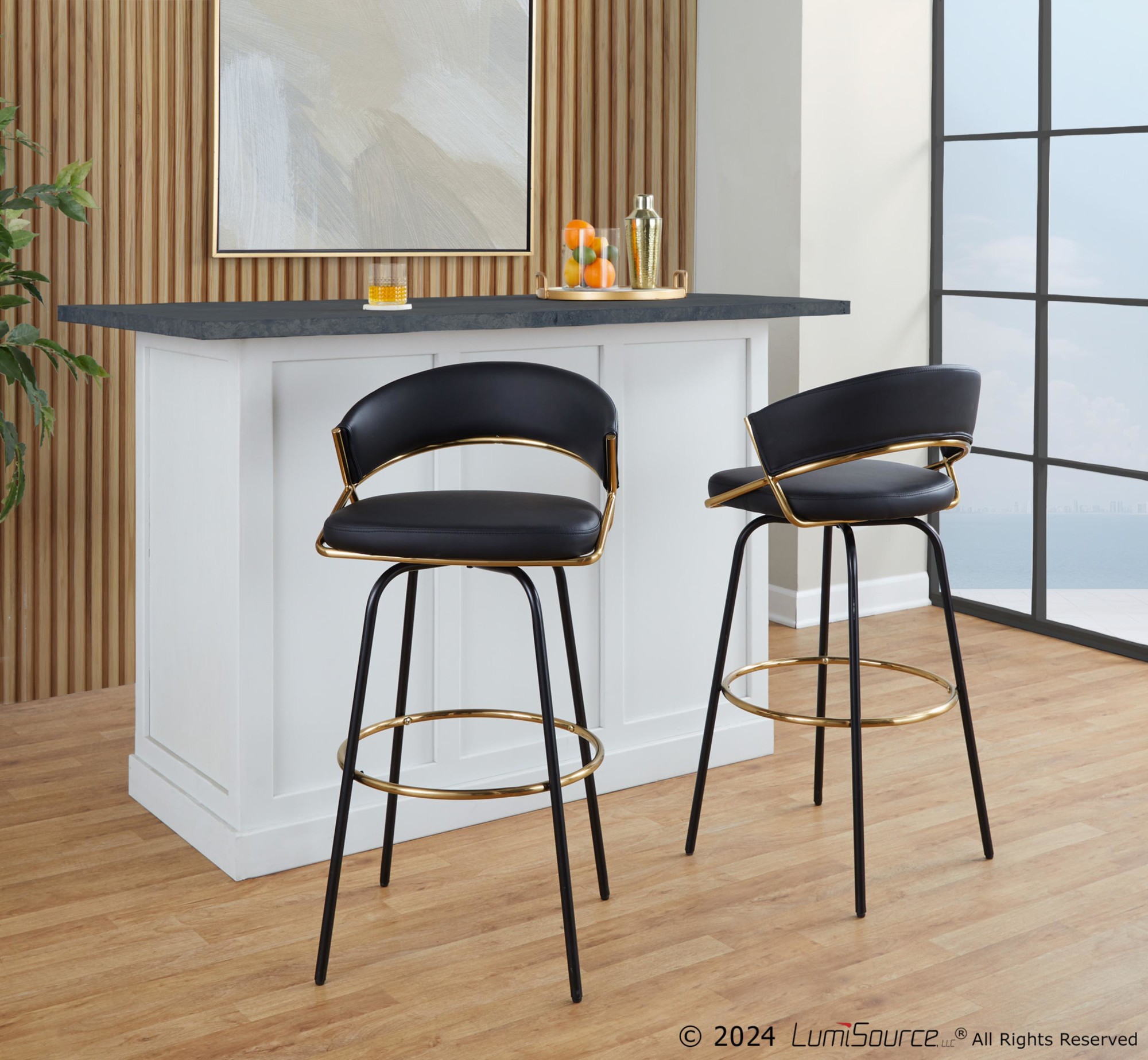 Jie 30" Contemporary Swivel Barstools Black and Gold (Set of 2) (Set of 2) 2 Jie 30" Contemporary Swivel Barstools Black and Gold (Set of 2) (Set of 2) - Image 2
