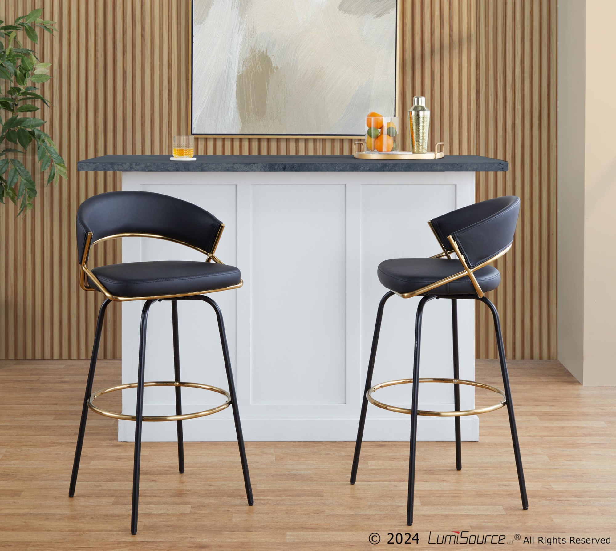 Jie 30" Contemporary Swivel Barstools Black and Gold (Set of 2) (Set of 2) 3 Jie 30" Contemporary Swivel Barstools Black and Gold (Set of 2) (Set of 2) - Image 3