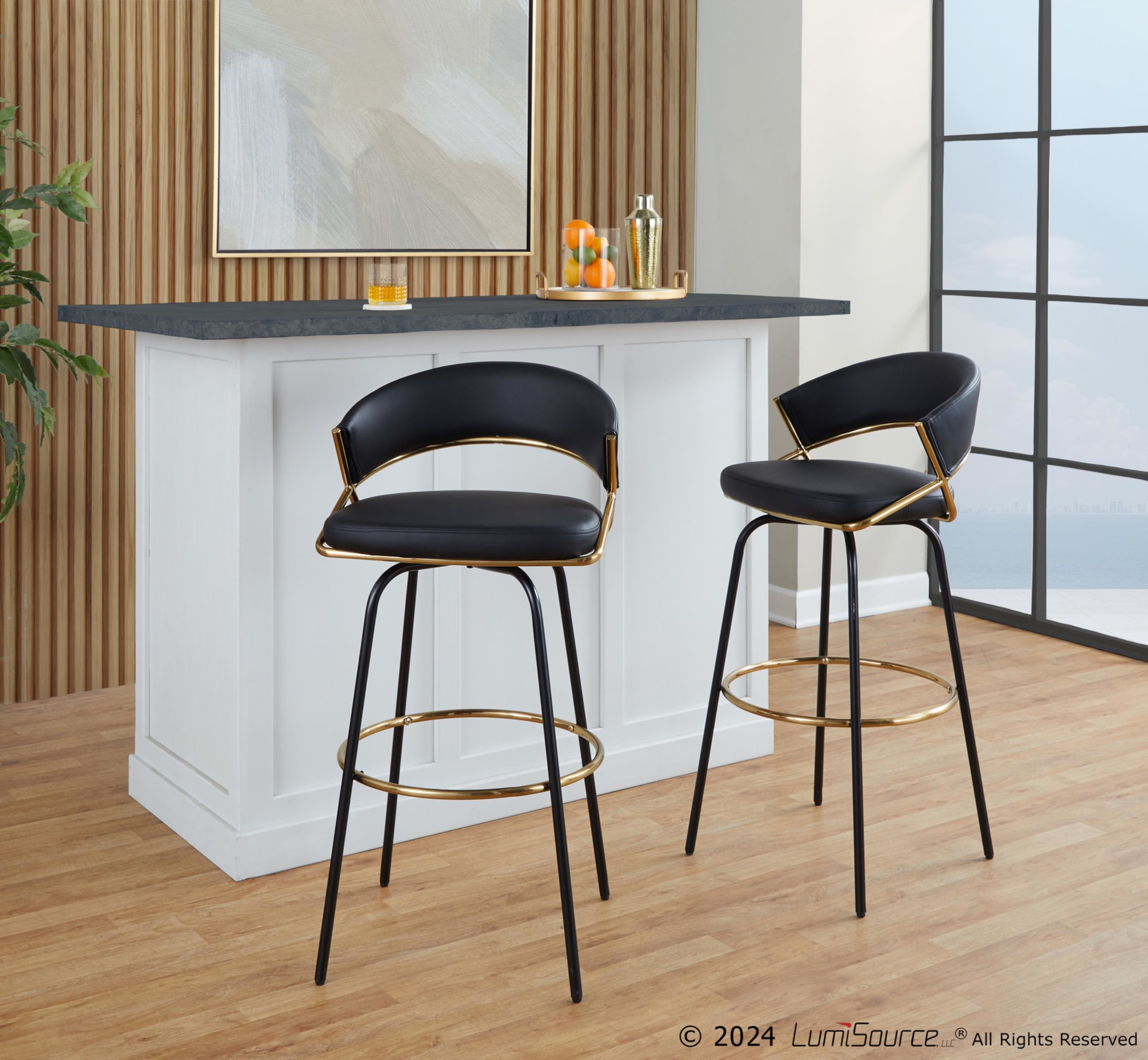 Jie 30" Contemporary Swivel Barstools Black and Gold (Set of 2) (Set of 2) 1 Jie 30" Contemporary Swivel Barstools Black and Gold (Set of 2) (Set of 2)